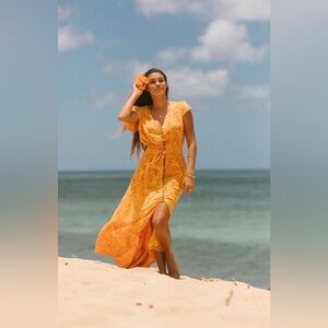 Tiare Hawaii New Moon Chloe Maxi Dress in Batik Bloom Saffron One Size Beach Sun